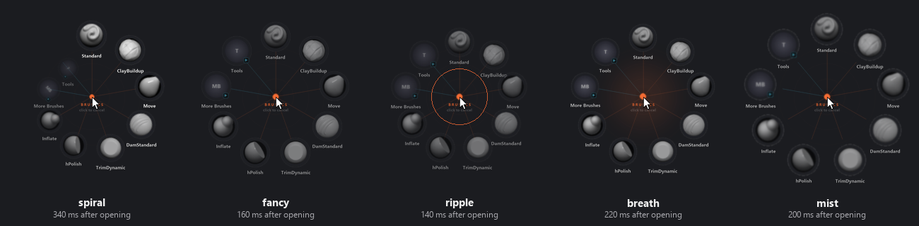 Five open animations partway through