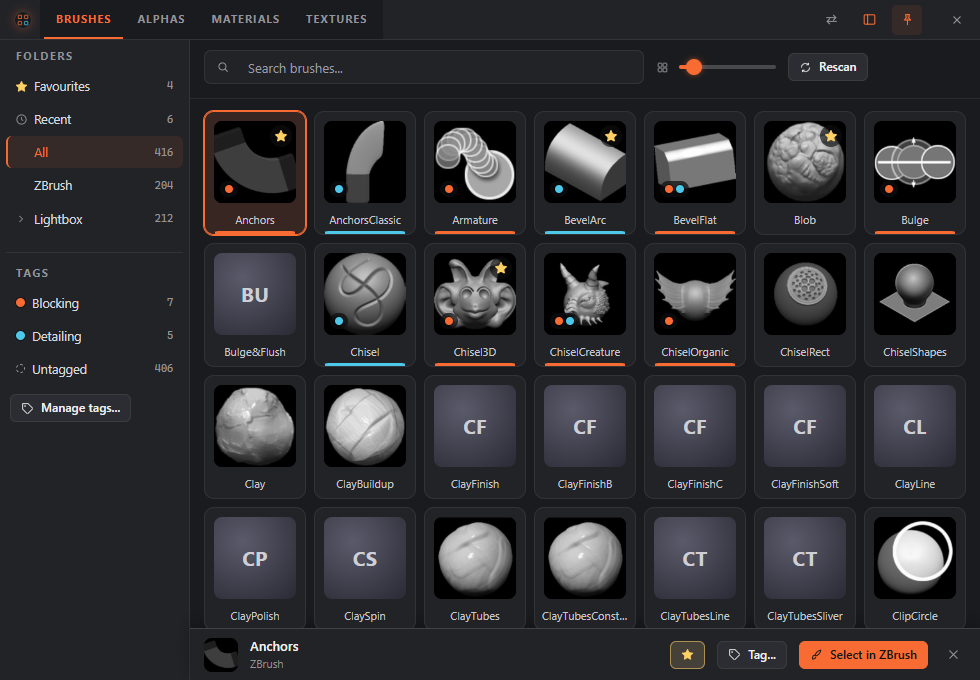 The browser window on the Brushes tab: search, folders and tags on the left, a grid of brush thumbnails with Anchors selected, and a bar at the bottom with Anchors, a star, Tag and Select in ZBrush