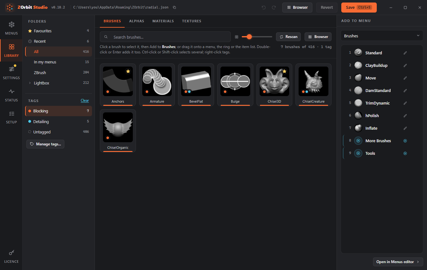 The Library filtered to the Blocking tag: seven brushes, each with an orange dot, and a Clear link beside the Tags heading