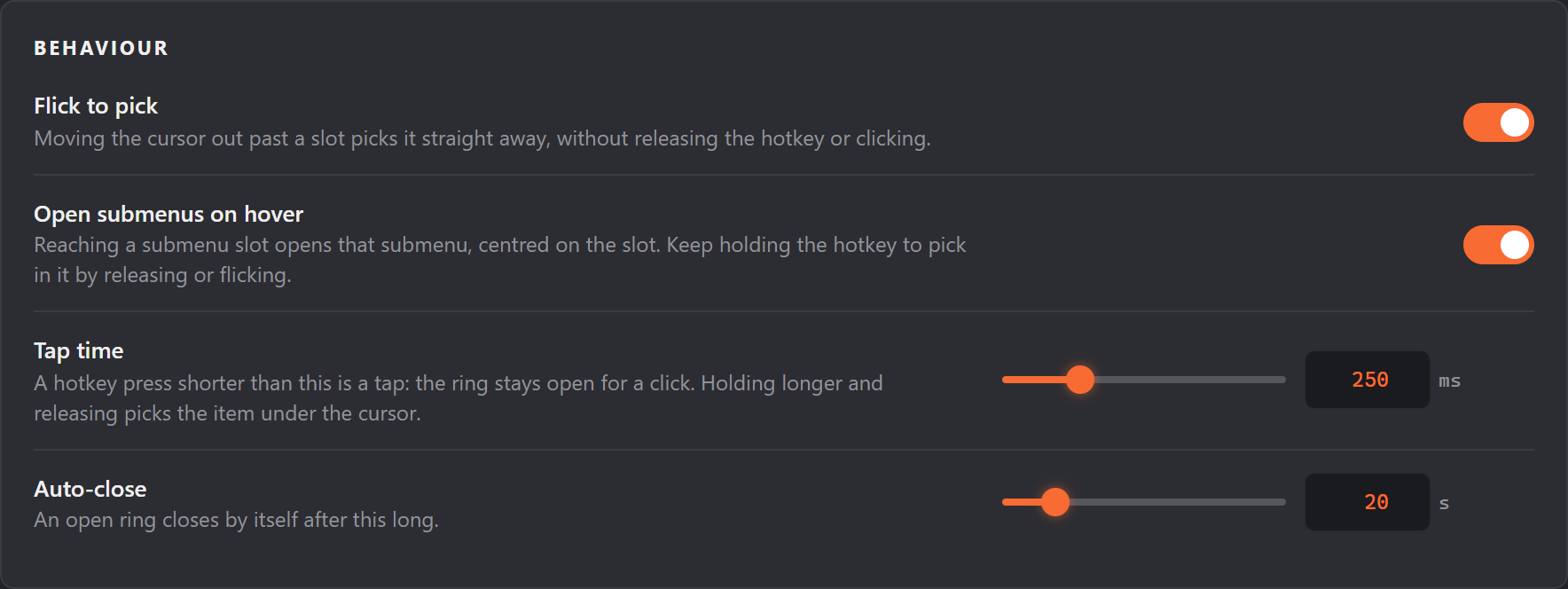 Settings > Behaviour: switches for Flick to pick and Open submenus on hover, and sliders for Tap time at 250 ms and Auto-close at 20 s