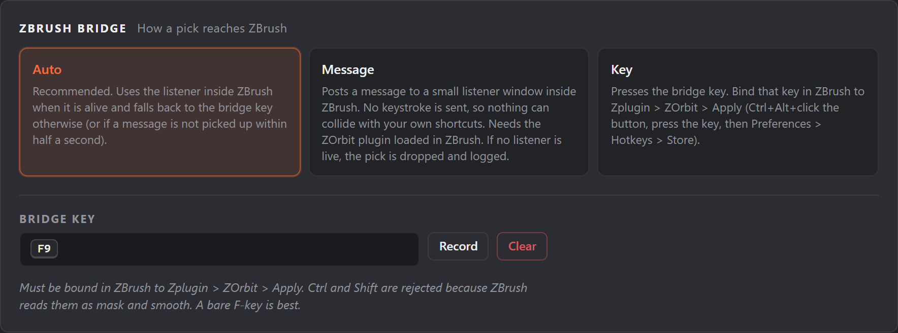 Settings > ZBrush bridge: the Auto, Message and Key modes with Auto selected, and the bridge key field set to F9 with Record and Clear buttons
