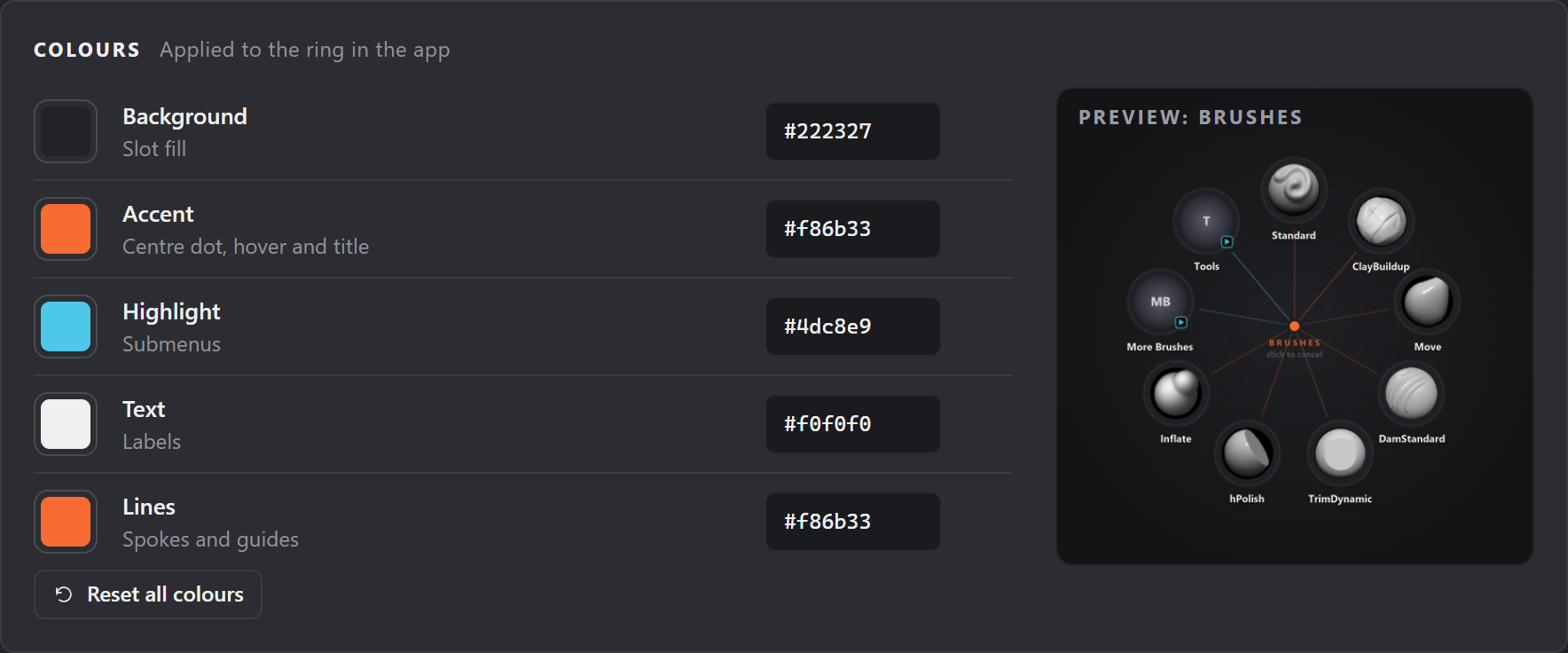 Settings > Colours: swatches and hex values for Background, Accent, Highlight, Text and Lines, a Reset all colours button, and a preview of the Brushes ring