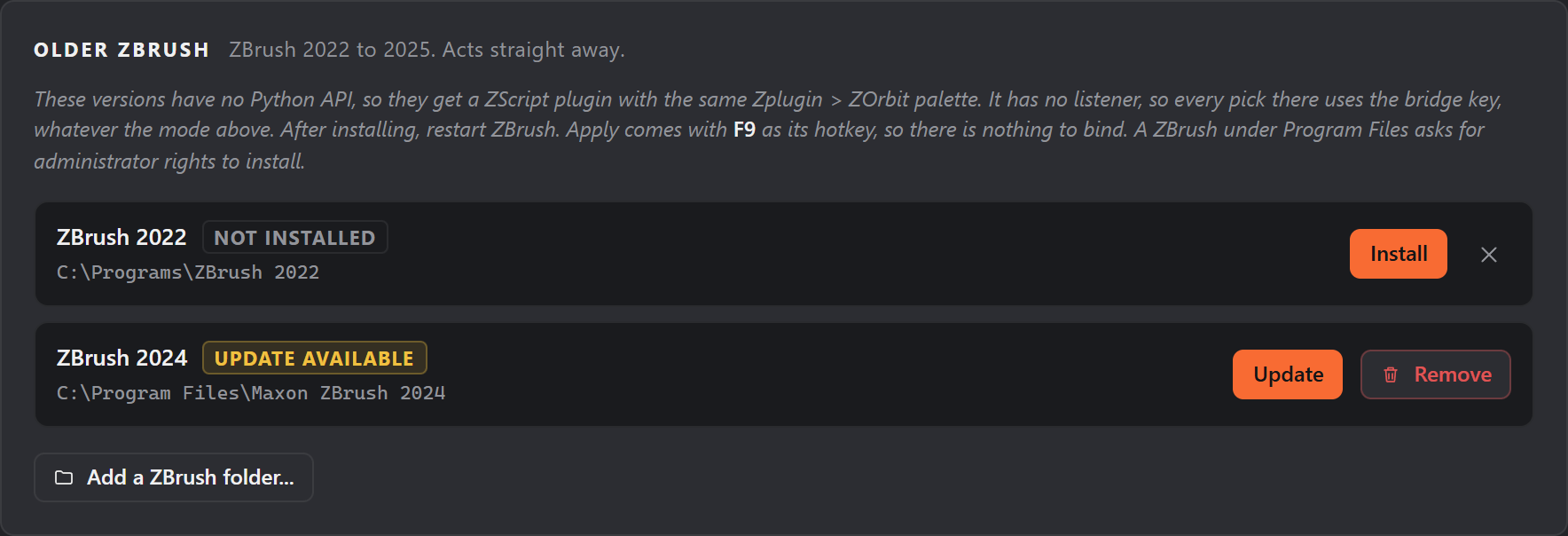 Settings > Older ZBrush: a row for ZBrush 2022 marked Not installed with an Install button, a row for ZBrush 2024 marked Update available with Update and Remove buttons, and Add a ZBrush folder