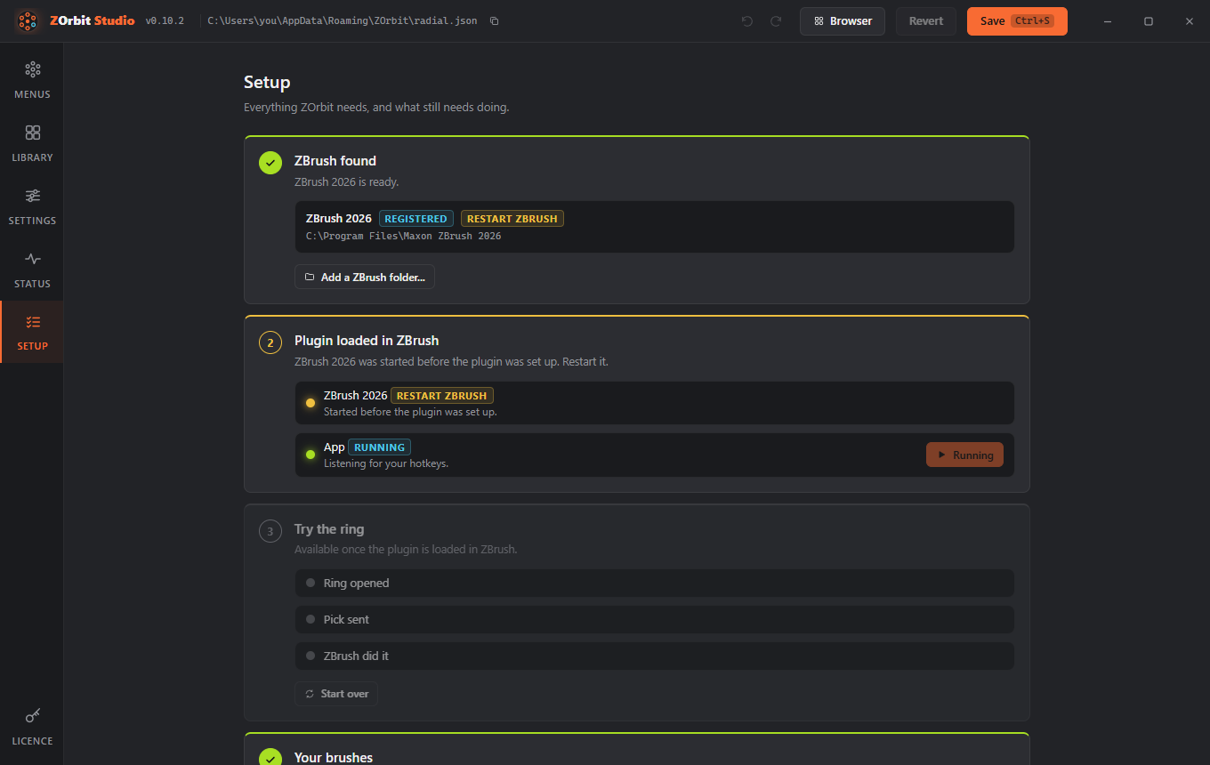 The Setup screen with ZBrush found ticked, and the Plugin loaded in ZBrush step waiting: ZBrush 2026 shows Restart ZBrush because it was started before the plugin was set up