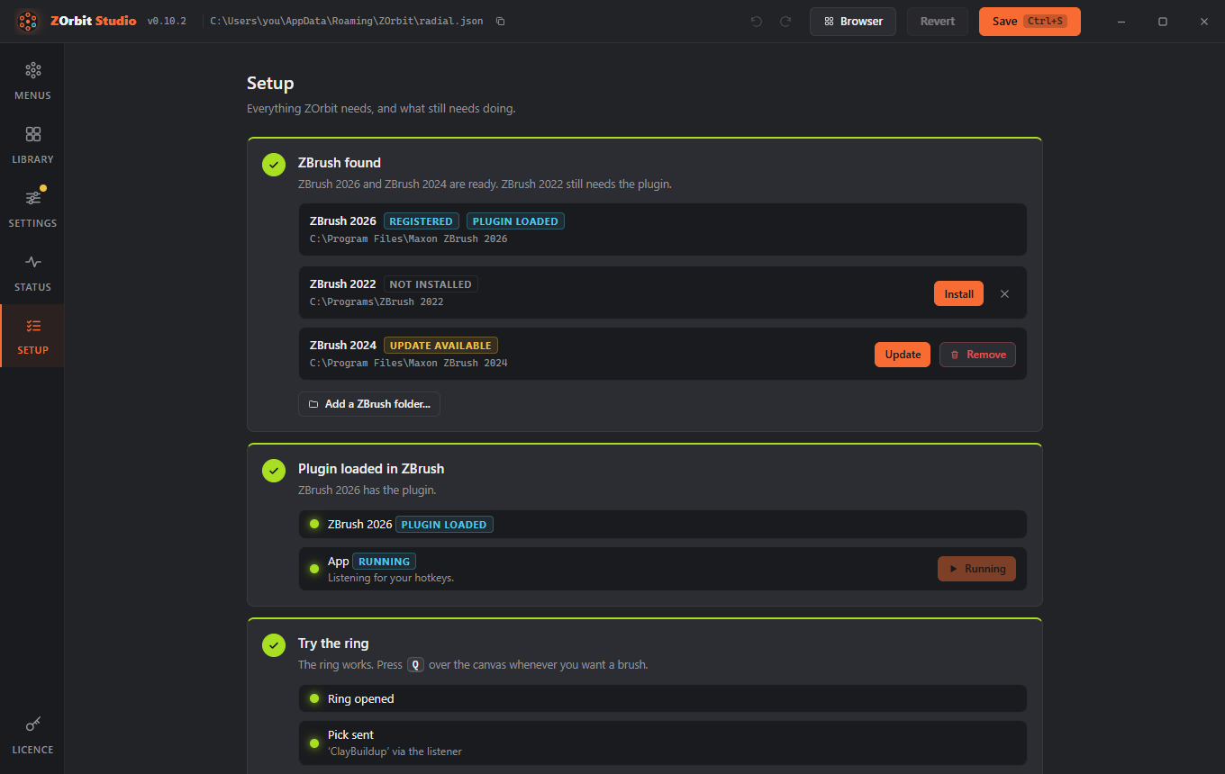 The Setup screen with ZBrush found, Plugin loaded in ZBrush and Try the ring all ticked, and a row for each ZBrush version with its Install, Update or Remove button