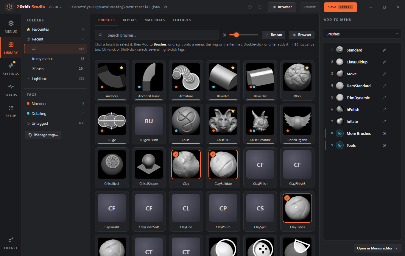 The Library screen on the Brushes tab: folders and tags on the left, a grid of brush thumbnails, and the Add to Brushes panel on the right