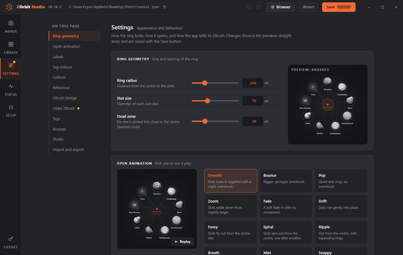 The Settings screen in Studio: a list of sections on the left, and Ring geometry with sliders for ring radius, slot size and dead zone beside a ring preview, above the Open animation choices