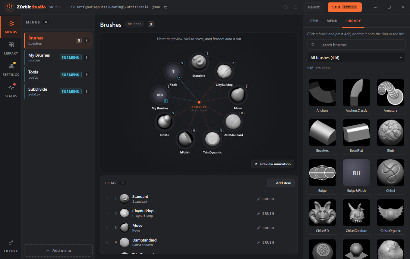 ZOrbit Studio: the menu list, the ring preview and the brush library