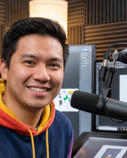 AI-generated image of a fictional streamer smiling beside a microphone