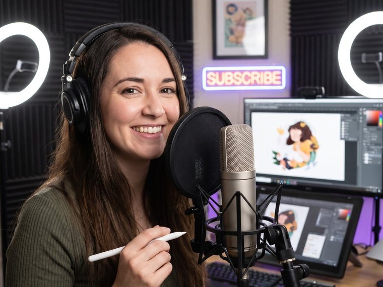 AI-generated image of a fictional illustrator with headphones, smiling at a studio microphone and holding a stylus